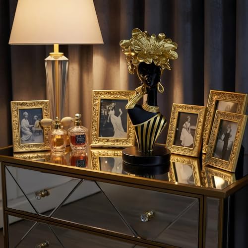 Lescafita African Woman Art Sculpture with Gold Floral Crown, Black and Gold Striped Statue,Elegant African-Inspired Art Gift suitable for various settings such as home, bookshelves, desks, or offices - Image 2