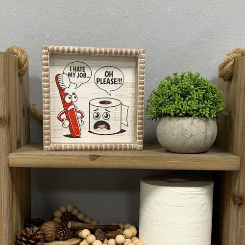 Boho Farmhouse Wooden Framed Bathroom Decor Signs, Funny Restroom Decorative Plaque Small Cute, Toilet Rules Shelf Decoration (I Hate My Job) - Image 2
