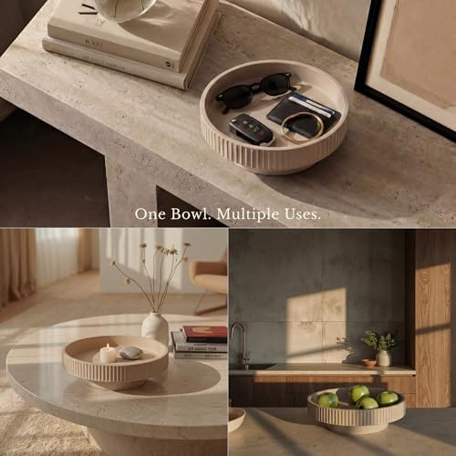 JUPTR Concrete Fruit Bowl (12") – Shallow Fluted Pedestal Decorative Centerpiece Bowl for Table, Entryway Catch-All & Modern Home Decor – Heavyweight Stone Bowl (Beige) - Image 5