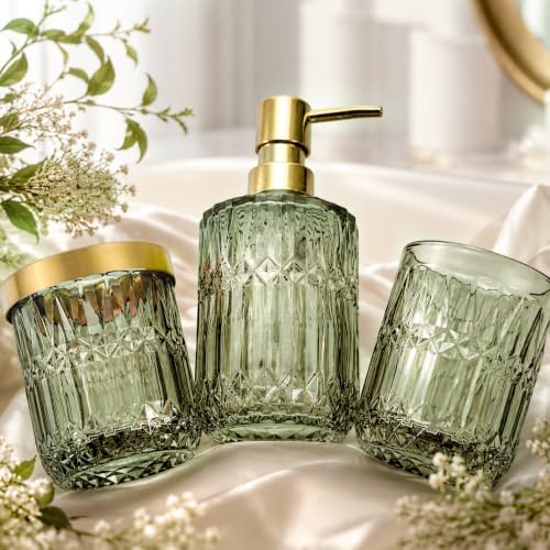 Green Bathroom Accessories Set, 5Pcs Clear Glass Green Accessories with Lotion Soap Dispenser, Soap Dish, Toothbrush Holder, Tumbler, Cotton Swab Jar, Modern Bathroom Decor Crystal Vintage Gift - Image 4