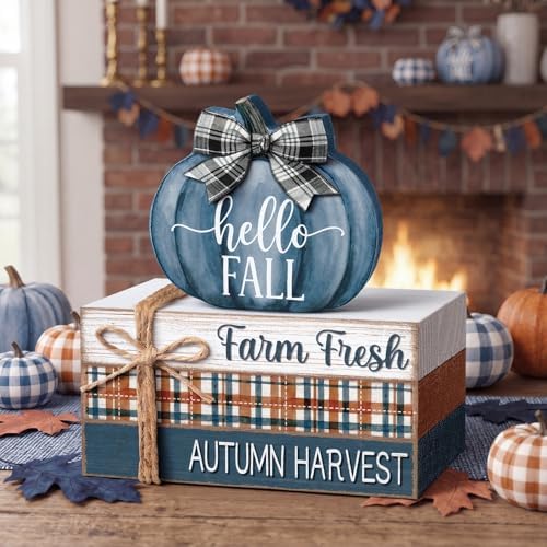 Geelin 4 Pcs Blue and White Pumpkin Fall Decor, Vintage Fall Table Decor with Wooden Book Stack and Plaid Accents, Farmhouse Decorations for Tiered Tray Shelf Coffee Bar - Image 2