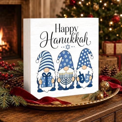 Christmas Decorations Happy Hanukkah Blue Gnome Wood Box Sign - Image 3