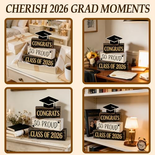 2026 Graduation Table Decorations Class of 2026 Senior Tiered Tray Decor Wooden Cap Block Signs Farmhouse Congrats Grad Tabletop Party Centerpiece for Tables Wooden Sign for Home Decor - Image 6