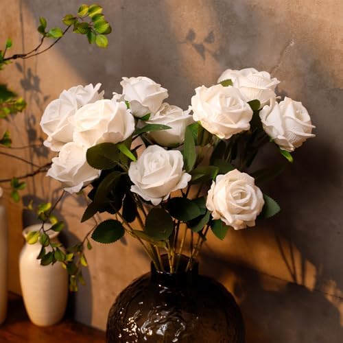 12 Pcs Artificial Rose Flowers, Silk Roses with Long Stems, Realistic Fake Roses for Wedding Centerpiece Party Home and Office DIY Decor, White - Image 5