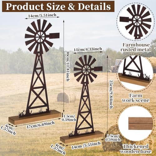 Tandefio 2 Pcs Farmhouse Windmill Table Top Country Decor, Metal Rustic - Image 2