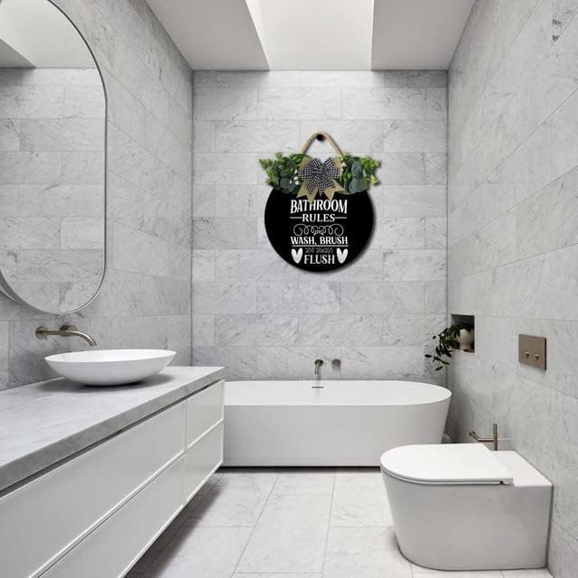 Farmhouse Bathroom Decor,Bathroom Rules Sign,Rustic Round Wooden Wreath Sign,Funny Bathroom Decor Wall Art For All The Seasons - Image 3
