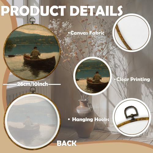 CUANFDDSF Vintage Fisherman Fishing Round Wall Art, Antique Fishing Framed Hanging Wall Decor, Rustic Farmhouse Fisherman Landscape Canvas Prints Decorations for Home Bedroom Living Room, 10x10 Inch - Image 7