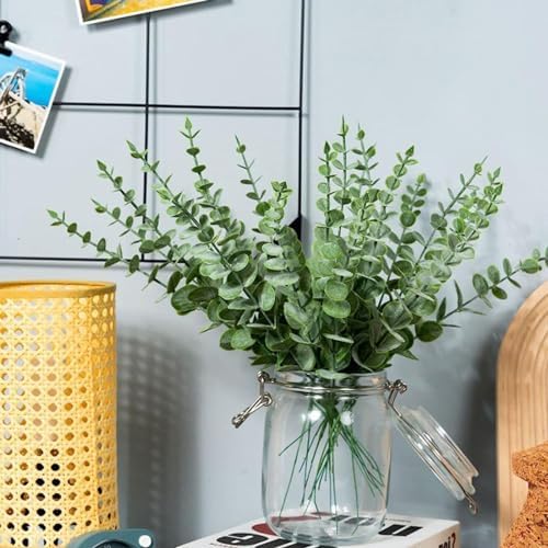 ABAJI 24 PCS Eucalyptus Stems Plastic Vivid Leaf Decorations Artificial Leaves Fake Faux Greenery Plant for Home Office House Table Desk Decor Wedding or Party Vase Forever Live - Image 4
