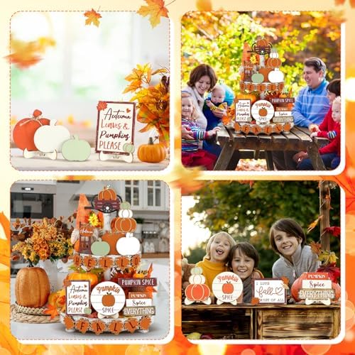 Maitys 21pcs Fall Tiered Tray Decor Set, Hello Fall Thanksgiving Pumpkin Wooden Signs Gnome Truck Wood Maple Leaf Garland Rustic Farmhouse Table Centerpieces for Autumn Thanksgiving Kitchen Home Decor - Image 6