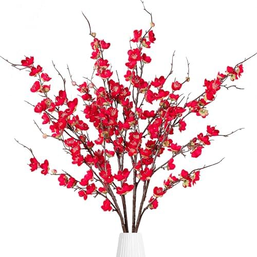 Sggvecsy Artificial Plum Blossom Flowers 4 Pcs Faux Cherry Blossom Stems Faux Silk Plum Blossom Branches 36.2’’ Fake Flowers Long Stems for Vase Arrangements Home Wedding Table Decor (Red) by Sggvecsy
