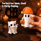 Cute Cat Halloween Ghost Figurine with Pumpkin Bucket and Orange Drink - Image 6