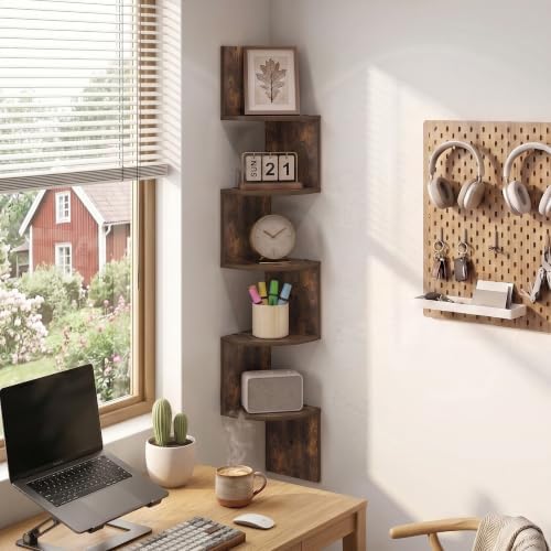 Furinno Rossi 5-Tier Corner Floating Book Shelves for Wall, Amber Pine - Image 2
