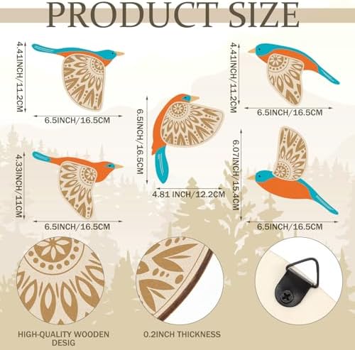 Barydat 5 Pcs Wooden Bird Wall Art Decor folk Birds Art Decor,Teal - Image 2