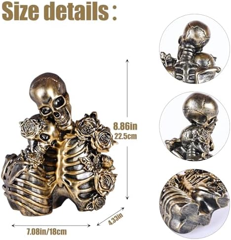 Halloween Skeleton Decor, Gothic Skeleton Couple Resin Statue with Roses - Image 3