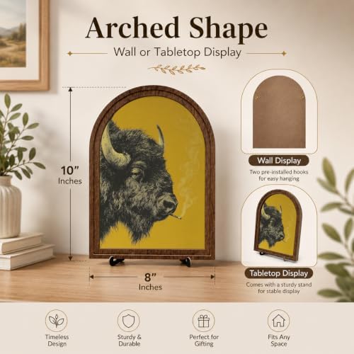 Rustic Home Wooden Frame Decor, Retro Whimsical Smoking Bison Framed Decor, Arched Wooden Frame with Stand, Vintage Buffalo Art Print, Funny Tabletop & Wall Accent for Living Room, Bedroom - Image 6