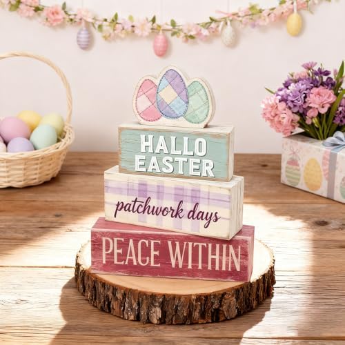 Easter Decorations - Easter Eggs Patchwork Tiered Tray Decor - Wooden Easter Tabletop Sign - Rustic Farmhouse Spring Home Decor Indoor for Tiered Tray Shelf Mantel Entryway Coffee Table - Spring Home Decor for Living Room, Kitchen Counter - Image 3