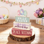 Easter Decorations - Easter Eggs Patchwork Tiered Tray Decor - Wooden Easter Tabletop Sign - Rustic Farmhouse Spring Home Decor Indoor for Tiered Tray Shelf Mantel Entryway Coffee Table - Spring Home Decor for Living Room, Kitchen Counter - Image 3