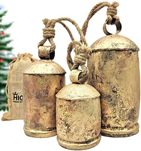 HIGHBIX Set of 3 Giant Harmony Cow Bells Huge Vintage Shabby Chic Handmade Rustic Lucky Christmas Hanging XL Bells On Rope Country Rustic (Extra Large) by HIGHBIX