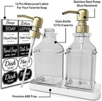 LMQML Soap Dispenser - 2 Pack, Antique Design Thick Glass Hand Soap Dispensers with Sturdy Tray; 304 Rust Proof Stainless Steel Pump, 12Pcs Stickers, for Kitchen, Bathroom - Image 2