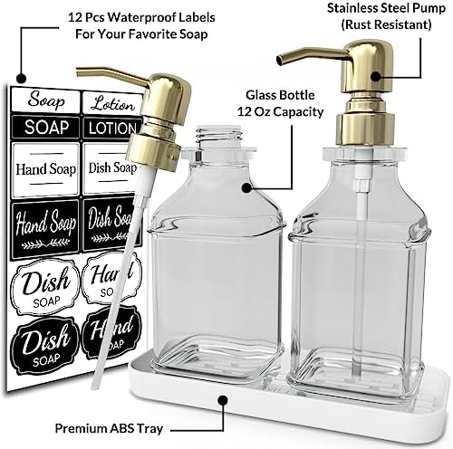 LMQML Soap Dispenser - 2 Pack, Antique Design Thick Glass Hand Soap Dispensers with Sturdy Tray; 304 Rust Proof Stainless Steel Pump, 12Pcs Stickers, for Kitchen, Bathroom - Image 2