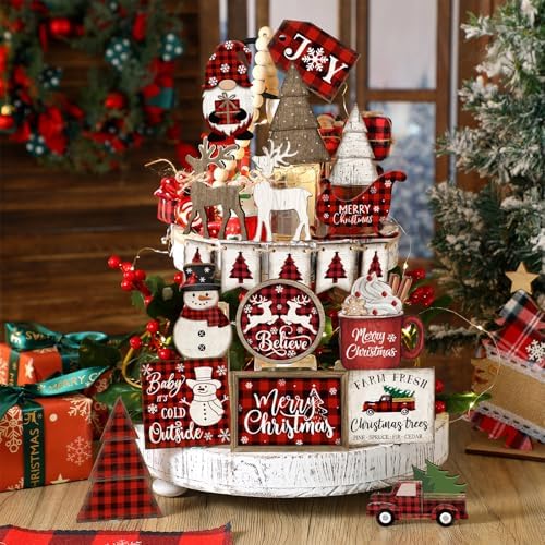 Shellwei 21 Pcs Christmas Tiered Tray Decor Set Plaid Christmas Table Sign - Image 6