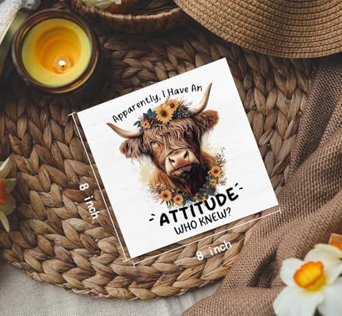 Highland Cow Sign, Farm Cottagecore Animal Office Kitchen Bedroom Decor, Apparently I Have an Attitude Who Knew Wooden Box Signs, Apparently Highland Cow Gifts for Women Men 8x8 in Decorative Signs & Plaques - Image 4