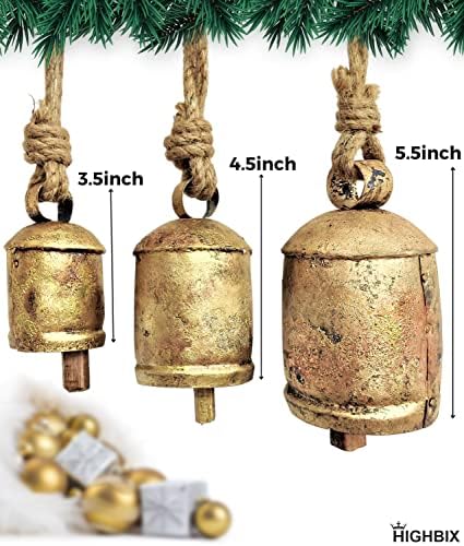 HIGHBIX Set of 3 Giant Harmony Cow Bells Huge Vintage Shabby Chic Handmade Rustic Lucky Christmas Hanging XL Bells On Rope Country Rustic (Small) - Image 2