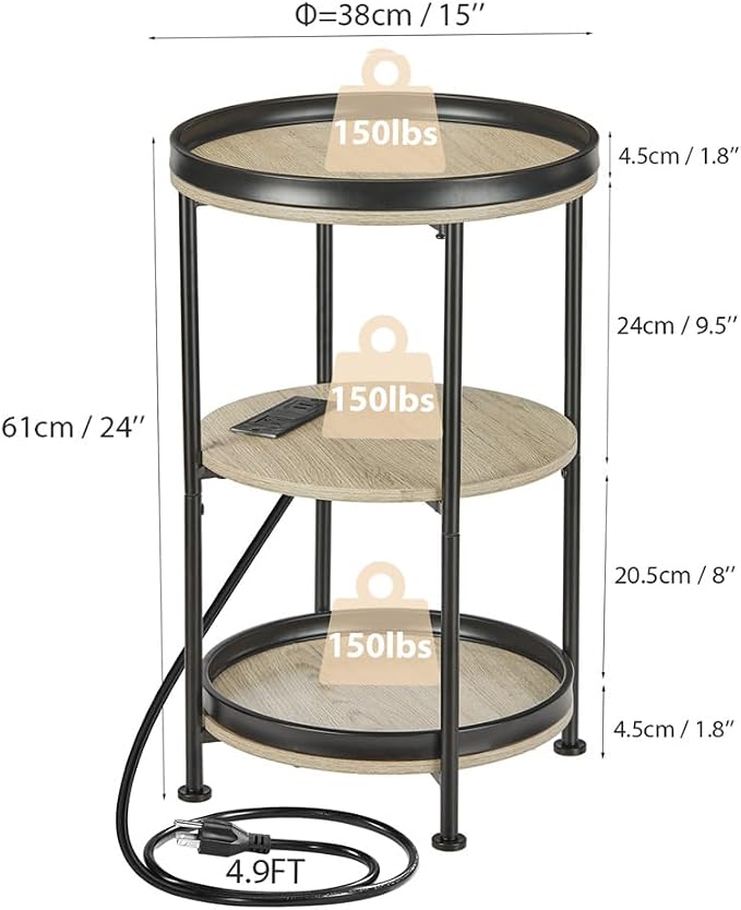 Dulcii Round Side Table with Charging Station, End Table with 3 Shelves - Image 3