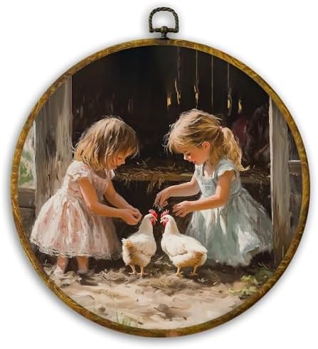 CUANFDDSF Vintage Farmhouse Girl and Chickens Round Wall Art, Rustic Cottagecore Kitchen Framed Hanging Wall Decor, Country Animal Scene Canvas Prints Decorations for Farm House Room, 10x10 Inch by CUANFDDSF
