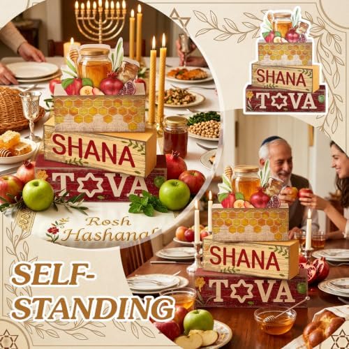 Yuntau 4 Pcs Rosh Hashanah Decorations Wooden Jewish New Year Centerpieces - Image 5