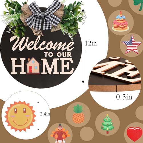 Interchangeable Welcome Sign for Front Door Decoration with 4 Seasonal Wreaths and 14 Holiday Icons, Black Welcome Door Hanger, Rustic Wooden Front Porch Sign Home décor（Black） - Image 4