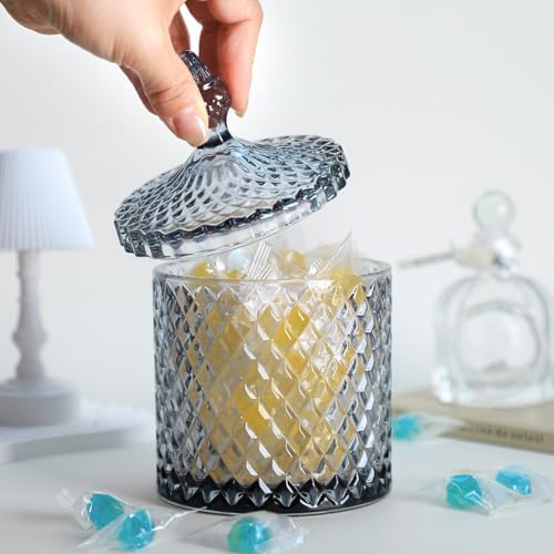 Sizikato Diamond Faceted Glass Candy Jar with Lid, 10oz Grey Decorative Jar, Nut Jar, Dried Fruit Storage Jar. - Image 3