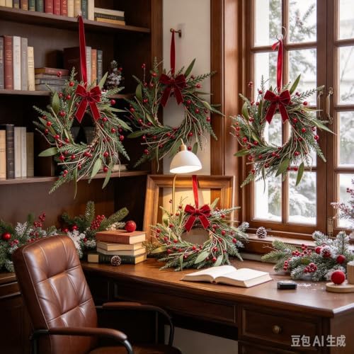 6 PCS Mini Christmas Wreaths for Cabinets 9" Christmas Kitchen Cabinet with Pine Needles Pinecones Red Berries Bells and Bow Christmas Wreath for Front Door Window Wall Xmas Holiday Home Decor - Image 5