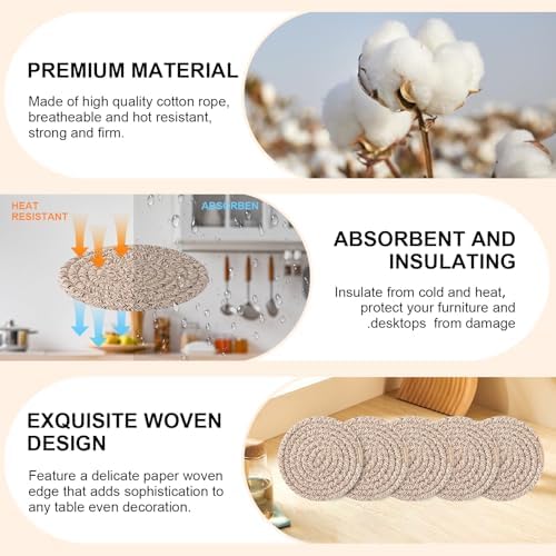 OIAHOMY 10 Pcs Drink Coasters with Holder, Boho Cotton Woven Coaster Set, Absorbent Coaster Protection for Various Cups, Ideal for Coffee Tables Home Decor and Gift, 4.3 Inches, Brown - Image 3