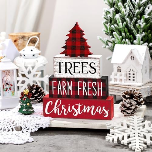 Marsui 4 Pcs Christmas Table Decor Wooden Christmas Trees Signs Block - Image 2
