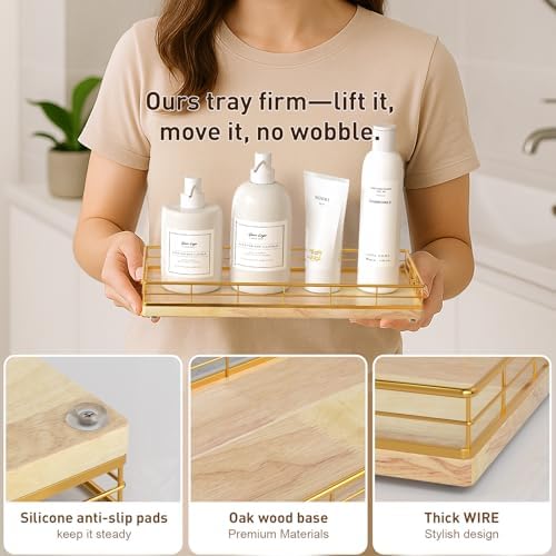 Toilet Paper Basket Organizer, Oak Wood Toilet Tank Tray with Metal Frame - Image 5