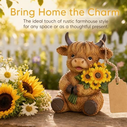 Highland Cow Figurine, Hand-Painted Resin Sunflower Highland Cow Decor, Rustic Farmhouse Decor, Cow Figurine for Kitchen Bookshelf Garden Patio Porch, Ideal Gift for Cow Lovers Women Kids - Image 2