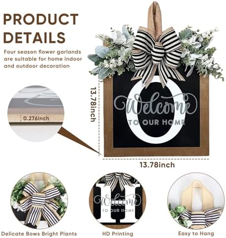 Ultra Large 14'' Last Name All Year Round Front Door Wreath with 26 Initial Letter Welcome Sign All Seasons Eucalyptus Garland and Bow Wreaths for Front Door Porch Farmhouse Decoration (O) - Image 4