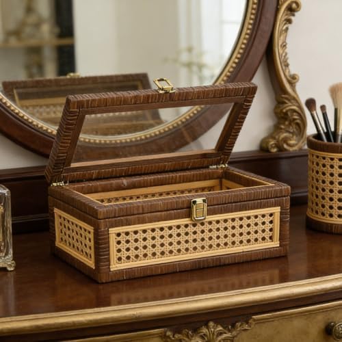 Set of 2 Stackable Rattan and Cane Display Boxes with Glass Lid,Brown - Image 6