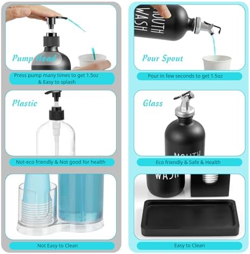 Glass Mouthwash Dispenser for Bathroom, 16 OZ Mouthwash Dispenser with Pour Spout and Wood Cup Holder and Tray, Mouth Wash Bottle Container, Black Kitchen Bathroom Decor and Accessories - Image 5