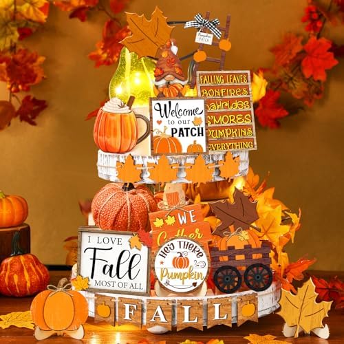 Fairysandy 21 Pcs Fall Tiered Tray Decor, Thanksgiving Table Sign, Gnome - Image 4