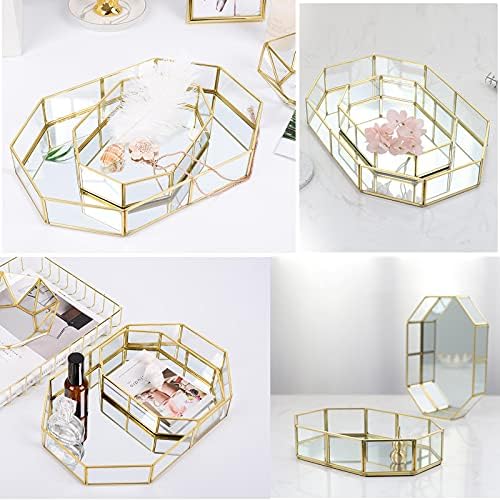 Hipiwe Mirror Glass Vanity Tray - Gold Ornate Makeup Organizer Perfume Tray - Image 2