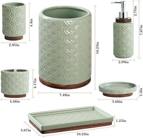 RQYIXI Ceramic Bathroom Accessories Set,Sage Green,6 Piece,with Trash Can - Image 2