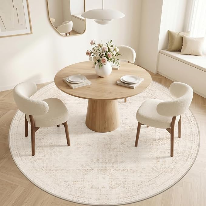 Round Area Rug Living Room: 6ft Neutral Washable Carpet Rug Beige | Vintage - Image 2