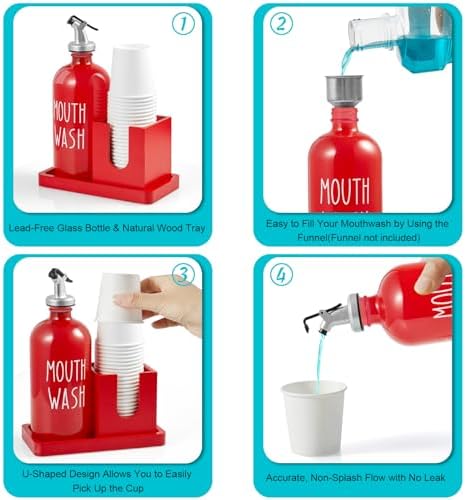 Glass Mouthwash Dispenser for Bathroom, 16 OZ Mouthwash Dispenser with Pour Spout and Wood Cup Holder and Tray, Mouth Wash Bottle Container, Red Kitchen Bathroom Decor and Accessories - Image 4