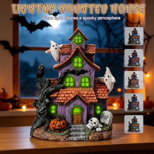 Halloween Decorations, Lighted Halloween Village Houses with LED Lights Haunted House for Home and Party Table Desk Mantel - Image 5