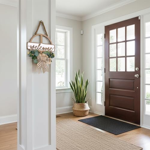 CondorPasea 12 Inch Round 3D Welcome Door Sign, 0.4" Thick Solid Wood Front Door Welcome Sign with Artificial Greenery, Buffalo Plaid Bow & Rustic Beads, Farmhouse Porch Home Décor, Hanging Welcome Home Sign - Image 5