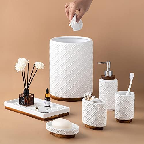 RQYIXI Ceramic Bathroom Accessories Set,Cream White,6 Piece,with Trash Can - Image 4