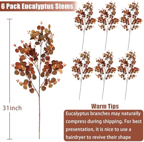 6PCS Fall Stems for Vases- Faux Eucalyptus Stems, Orange Brown - Image 4