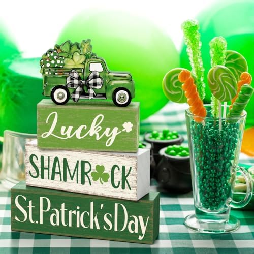 Marsui 4 Pcs St Patrick's Day Table Decorations Green Shamrocks Wooden Signs Block Farmhouse Irish Tiered Tray Decor Rustic St. Patrick's Day Table Centerpieces for Home Office Desk Shelf Mantel Decor - Image 5